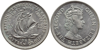 Британские Восточно-Карибские территории 25 центов 1965 Елизавета II (1952-2022), парусник KM 6 медно-никель 4379-1444