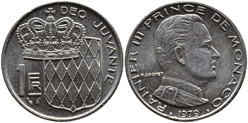 Монако 1 франк 1979 Ренье III (1949-2005) KM 140 никель 4364-651