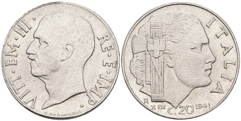 ИТАЛИЯ 20 ЧЕНТЕЗИМО 1941 R, ГОД XIX, ВИКТОР ЭММАНУИЛ III (1900-1946) KM 75b, VEM3. 1028 нержавеющая сталь 3853-654