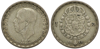 Швеция 1 крона 1948 TS, Густав V (1907-1950) KM 814 серебро 4178-544