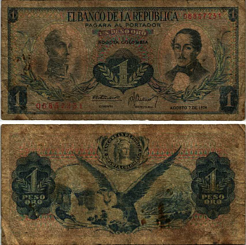 Колумбия 1 песо 1974 7 августа 1974, Симон Боливар, генерал Франсиско де Паула Сантандер Pick 404е  бумага   435-7-3-2