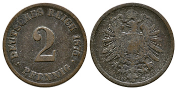 Германия 2 пфеннига 1875 G, старогербовка KM 2, J.2 медь 4364-2712