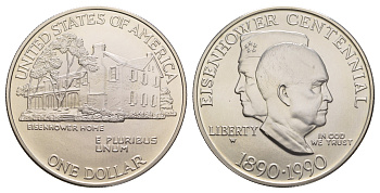 США 1 доллар 1990 W, 100 лет со дня рождения Эйзенхауэра KM 227 серебро BU 11-255-25