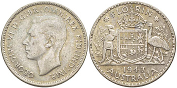 Австралия 1 флорин 1947 Георг VI (1937-1952), герб Австралии KM 40a серебро 4512-1226