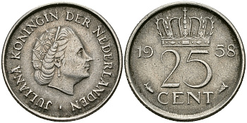 НИДЕРЛАНДЫ 25 ЦЕНТОВ 1958 ЮЛИАНА KM 183 никель 96-142