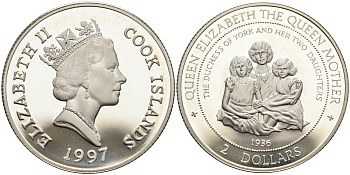 Острова Кука 2 доллара 1997 Королева Елизавета (королева-мать), с дочерями KM 376 серебро PROOF 11-070-12