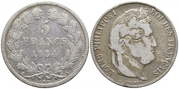 Франция 5 франков 1834 А, Луи Филипп I (1830-1848) KM 749.1 серебро 413-3044
