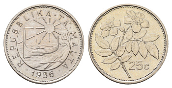 Мальта 25 центов 1986 год-тип, шиповник вечнозелёный KM 80 медно-никель UNC 86-714