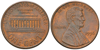 США 1 цент 1996 Линкольн KM 201b цинк плакированный медью 4564-211
