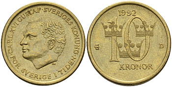Швеция 10 крон 1992 D, Карл XVI Густав (1973- ) KM 877 медь алюминий цинк 4592-154