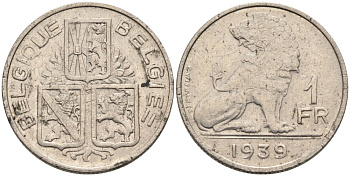 БЕЛЬГИЯ 1 ФРАНК 1939 BELGIE-BELGIQUE, ЛЕОПОЛЬД III (1934-1950) КМ 119 никель 4573-335