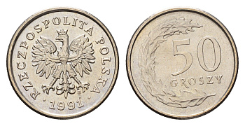 Польша 50 грошей 1991 Y 281 медно-никель UNC 4615-761