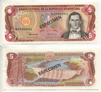 Доминиканская Республика 5 песо 1980 образец, SPECIMEN Pick 118s1 бумага UNC (пресс) 451-694-1