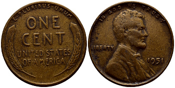 США 1 ЦЕНТ 1951 ЛИНКОЛЬН KM А132 медь цинк 54-1016