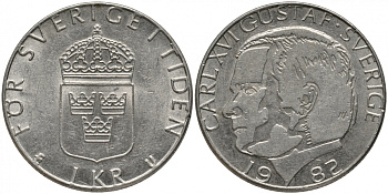 Швеция 1 крона 1982 U, Карл XVI Густав (1973- ) КМ 852а медно-никель 202-457