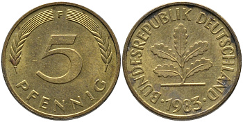 ФРГ 5 ПФЕННИГОВ 1983 F KM 107, J. 382 сталь плакированная латунью 96-1223