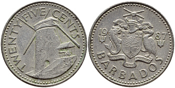 Барбадос 25 центов 1987 ветряная мельница Моргана Льюиса KM 13 медно-никель 4398-422