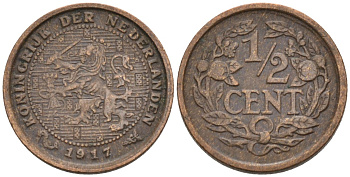 Нидерланды 1/2 цента 1917 Вильгельмина (1890-1948) KM 138 бронза 4576-411