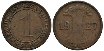 ГЕРМАНИЯ 1 РЕЙХСПФЕННИГ 1927 G KM 37, J. 313 бронза 413-5122