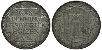 НИДЕРЛАНДЫ ЖЕТОН ND ХЁЙЗЕН ГАЗ ПФЕННИГ, ГАЗОВАЯ ФАБРИКА HUIZEN N.H., ДИАМЕТР 23,5 ММ. цинк 65-1046