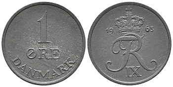 ДАНИЯ 1 ЭРЕ 1963 С; S, ФРЕДЕРИК IX (1947-1972) KM 839.2 цинк аUNC 66-158
