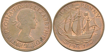 Великобритания 1/2 пенни 1967 Елизавета II (1952-2022) KM 896, Spink 4158 бронза 4544-152