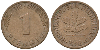 ФРГ 1 пфенниг 1988 F KM 105, J. 380 сталь плакированная медью 4580-645