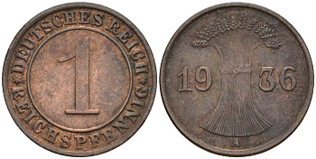 Германия 1 рейхспфенниг 1936 A KM 37, J. 313 бронза 4549-432