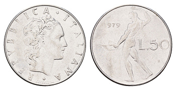 Италия 50 лир 1979 R, бог огня Вулкан у наковальни KM 95.1 нержавеющая сталь 186-1016