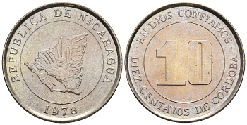 Никарагуа 10 сентаво 1978 карта страны KM 31 медно-никель  UNC  220-1229