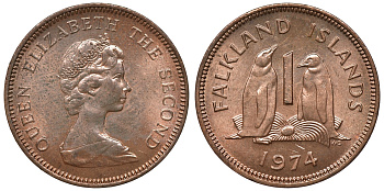 Фолклендские острова 1 пенни 1974 Елизавета II (1952-2022), папуанский пингвин KM 2 бронза aUNC 4118-133