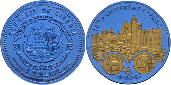 Либерия 5 долларов 2005 10 лет евро, страны еврозоны, Ирландия, с сертификатом, би-колор (два цвета), вес 7,78 гр., диаметр 35 мм.  ниобий  UNC  1081-7-52