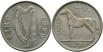 ИРЛАНДИЯ 1/2 КРОНЫ = 2 ШИЛЛИНГА 6 ПЕНСОВ 1959 ЛОШАДЬ KM 16а медно-никель 4531-843