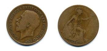 Великобритания 1 пенни 1919 Георг V (1910-1936) КМ 810, Spink 4051 бронза 47-243