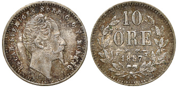 Швеция 10 эре 1857 ST, Оскар I (1844-1859) KM 683 серебро 4179-657