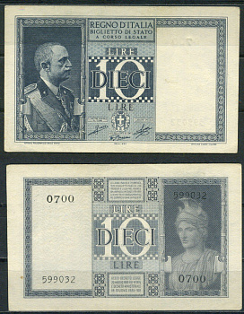Италия 10 лир 1935 (1944) Виктор Эммануил III Pick 25 c бумага UNC (пресс) 451-1195-3