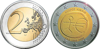 Кипр 2 евро 2009 10 лет монетарной политики ЕС (EMU) и введения евро KM 89 биметалл UNC M44-14