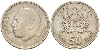 Марокко 50 сантимов 1974 АН 1394, Аль Хассан II (1962-1999) KM 62 медно-никель 4551-1022