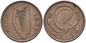 ИРЛАНДИЯ 1/2 ПЕННИ 1971 ПТИЧКА KM 19 бронза 4588-411