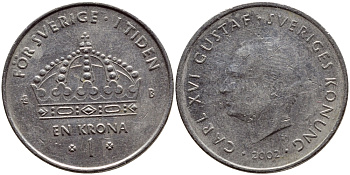 Швеция 1 крона 2002 Карл XVI Густав (1973- ) KM 894 медно-никель 4364-1036