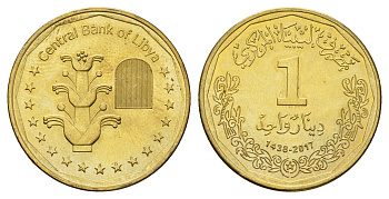 Ливия 1 динар 2017 год-тип KM 36 сталь плакированная латунью UNC 4678-355