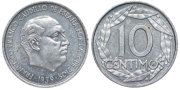 Испания 10 сентимо 1959 Франсиско Франко (1939-1975) KM 790 алюминий 4173-655