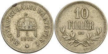 Венгрия 10 филлеров 1915 KB, Франц Иосиф I (1848-1916) KM 494 медь никель цинк 4151-1124