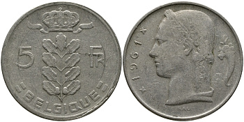 БЕЛЬГИЯ 5 ФРАНКОВ 1961 BELGIQUE KM 134.1 медно-никель 98-627