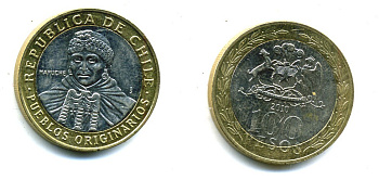 Чили 100 песо 2010 индейцы Мапуче KM 236 биметалл 41-436