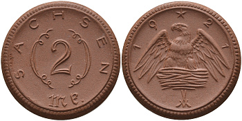 Саксония 2 марки 1921 J. N 56 фарфор 1094-2-65