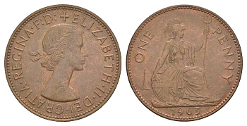 Великобритания 1 пенни 1963 Елизавета II (1952-2022) КМ 897, Spink 4157 бронза 4634-516
