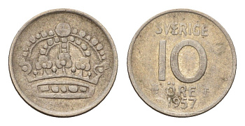 Швеция 10 эре 1957 TS, Густав VI Адольф (1950-1973) KM 823 серебро 116-814