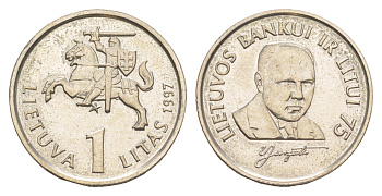 Литва 1 лит 1997 75 лет банку Литвы KM 109 медно-никель UNC 1528-843