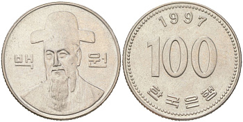 Южная Корея 100 вон 1997 Ли-Сунсин, корейский флотоводец KM 35.2 медно-никель 4135-1211